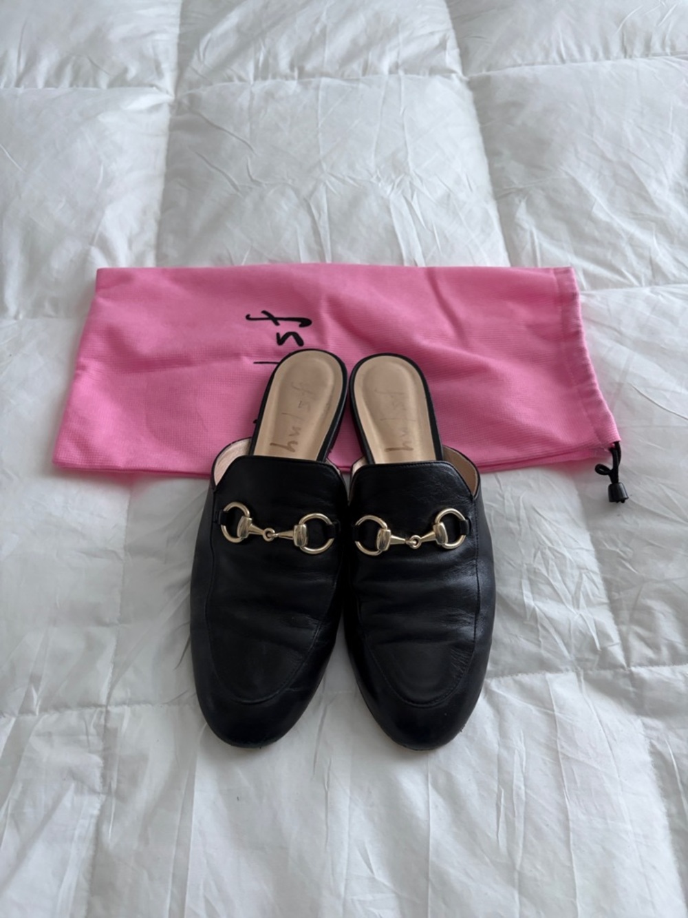 French Sole Black Leather Horsebit Slip-On Mules